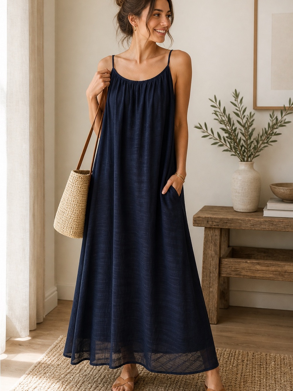 Banana Republic Navy Maxi Dress Strappy Flowy Textured S NWT
